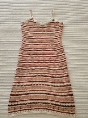 Striped Crochet Midi Dress with Spaghetti Straps - Brown & Cream
